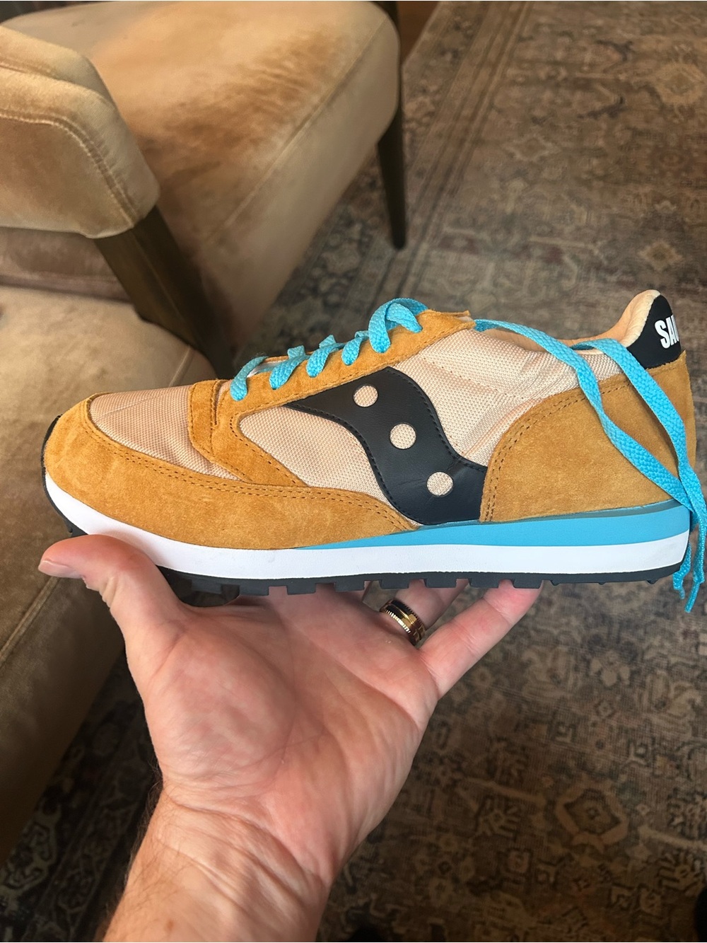 Saucony Suede and Mesh Sneaker in Mustard Yellow with Turquoise Accents